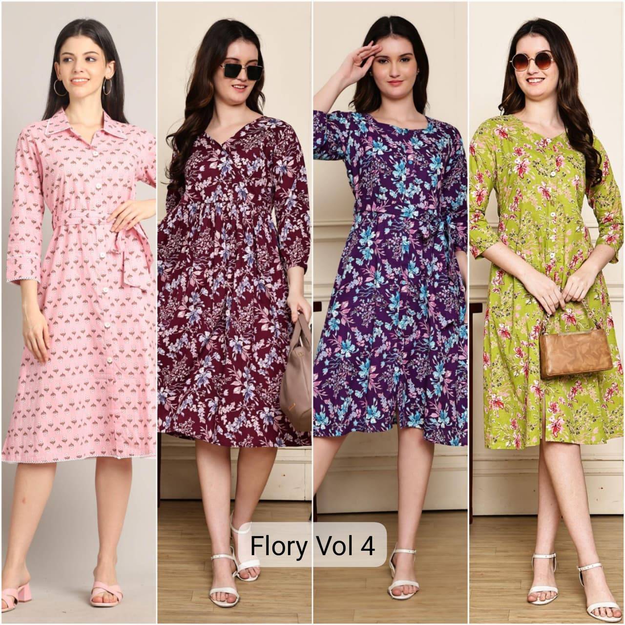 Flory Vol 4 by KAAMIRI 101 To 104 Series Beautiful Fancy Stylish Colourful casual pure cotton kurtis At Wholesale Price